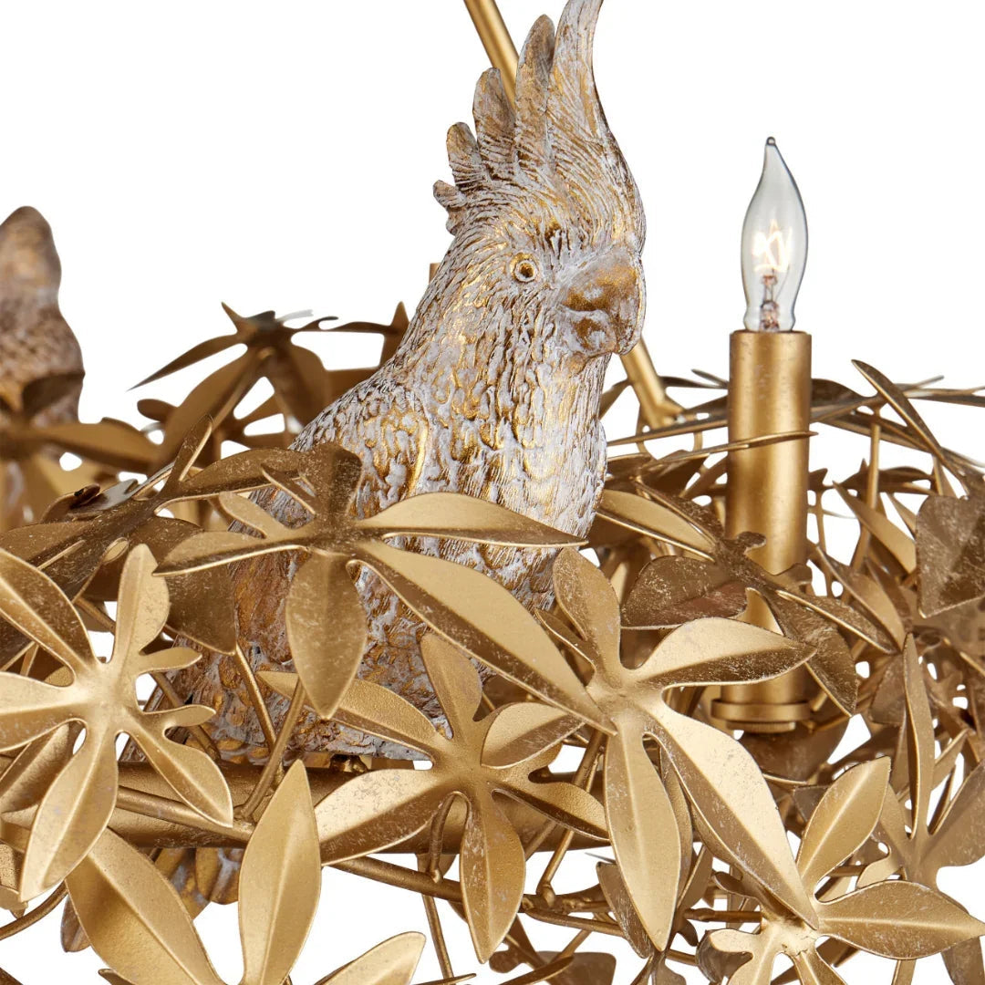 Lampadario a ghirlanda floreale con uccelli dorati