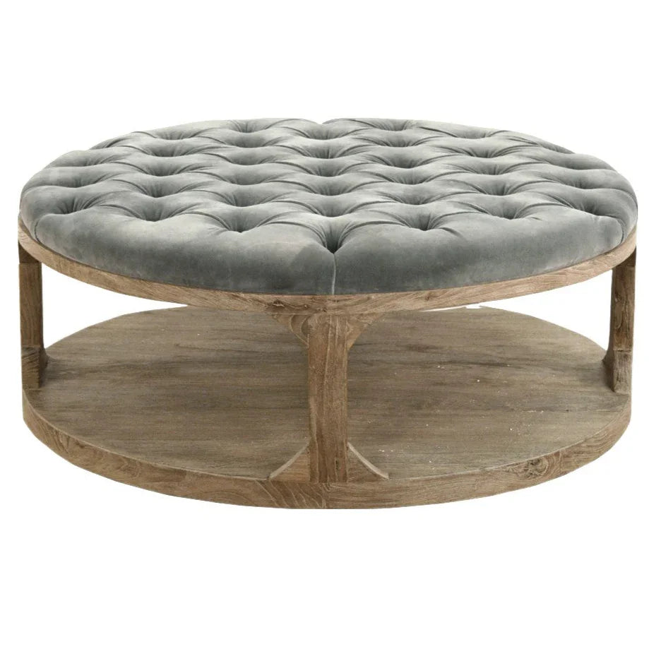 Pouf in legno trapuntato in velluto grigio