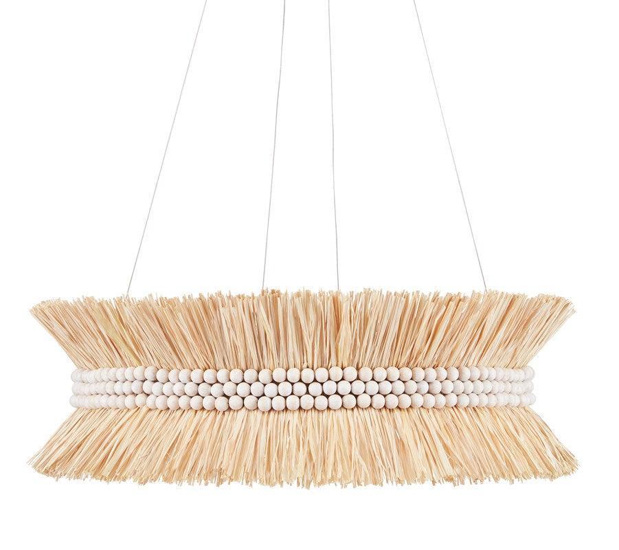 Lampadario in rafia naturale con perline di legno
