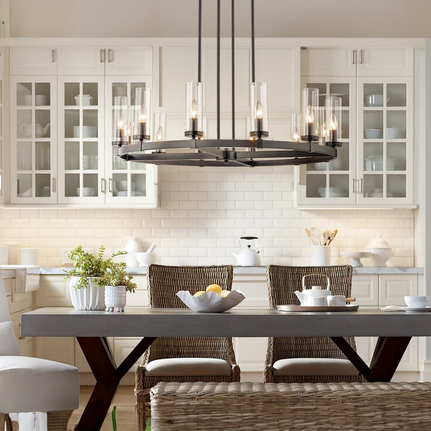 Lampadario a ruota di carro in vetro trasparente con cilindro in stile Mid-Century Modern, 12 luci, grande lampadario color oro/nero