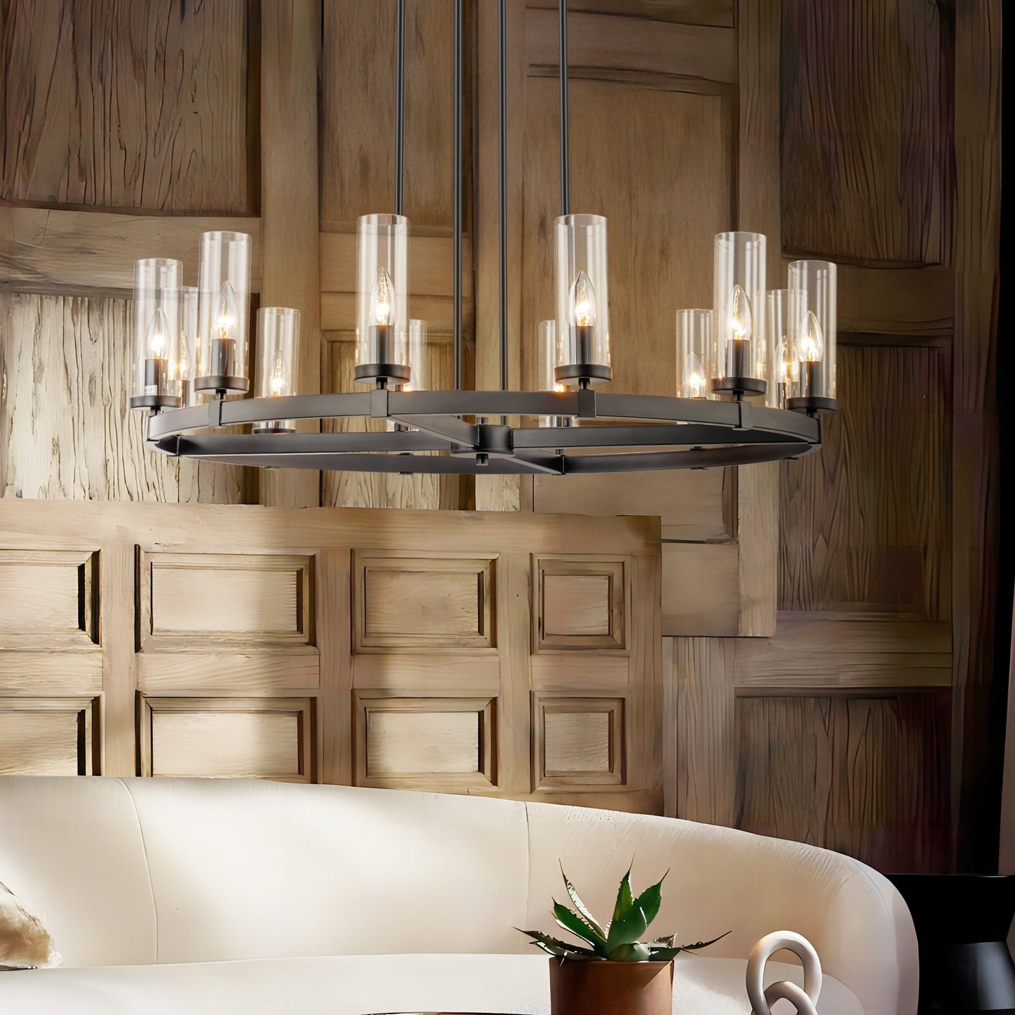 Lampadario a ruota di carro in vetro trasparente con cilindro in stile Mid-Century Modern, 12 luci, grande lampadario color oro/nero