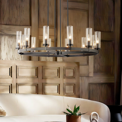 Lampadario a ruota di carro in vetro trasparente con cilindro in stile Mid-Century Modern, 12 luci, grande lampadario color oro/nero