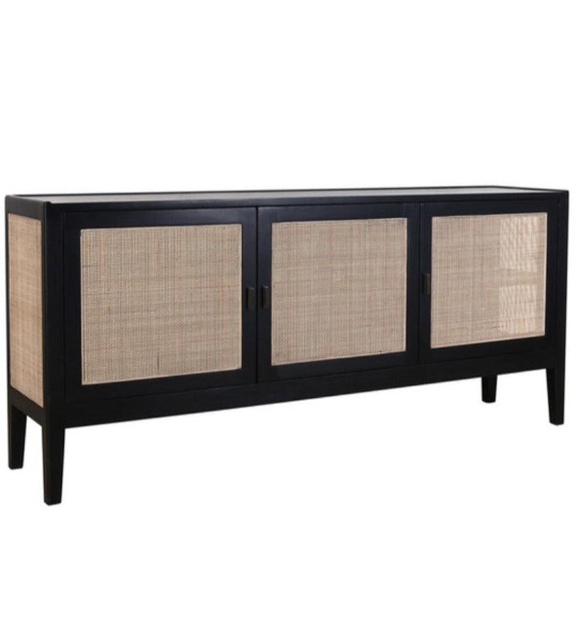 Credenza in legno di Bayur nero con inserti in canna naturale