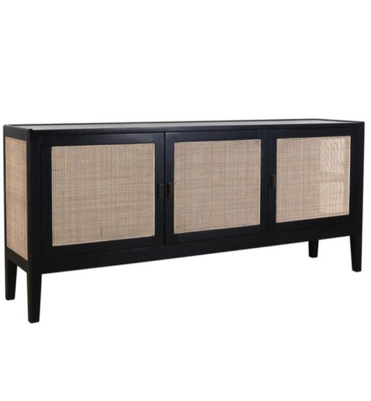Credenza in legno di Bayur nero con inserti in canna naturale