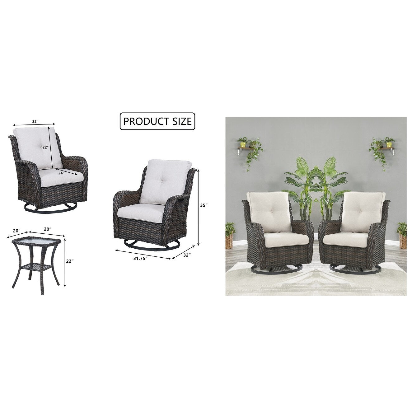 Gymojoy Sedia a dondolo girevole in vimini da esterno, 3 pezzi, con cuscino e tavolo