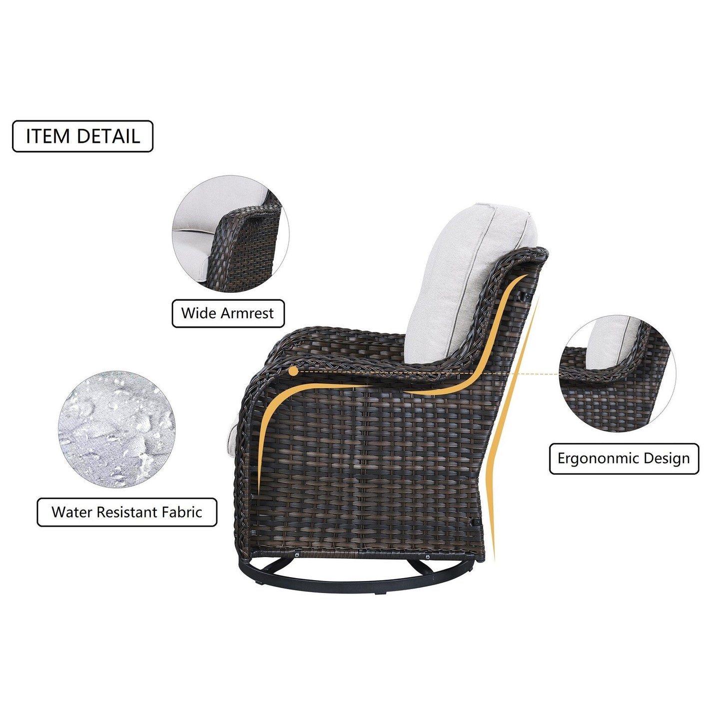 Gymojoy Sedia a dondolo girevole in vimini da esterno, 3 pezzi, con cuscino e tavolo