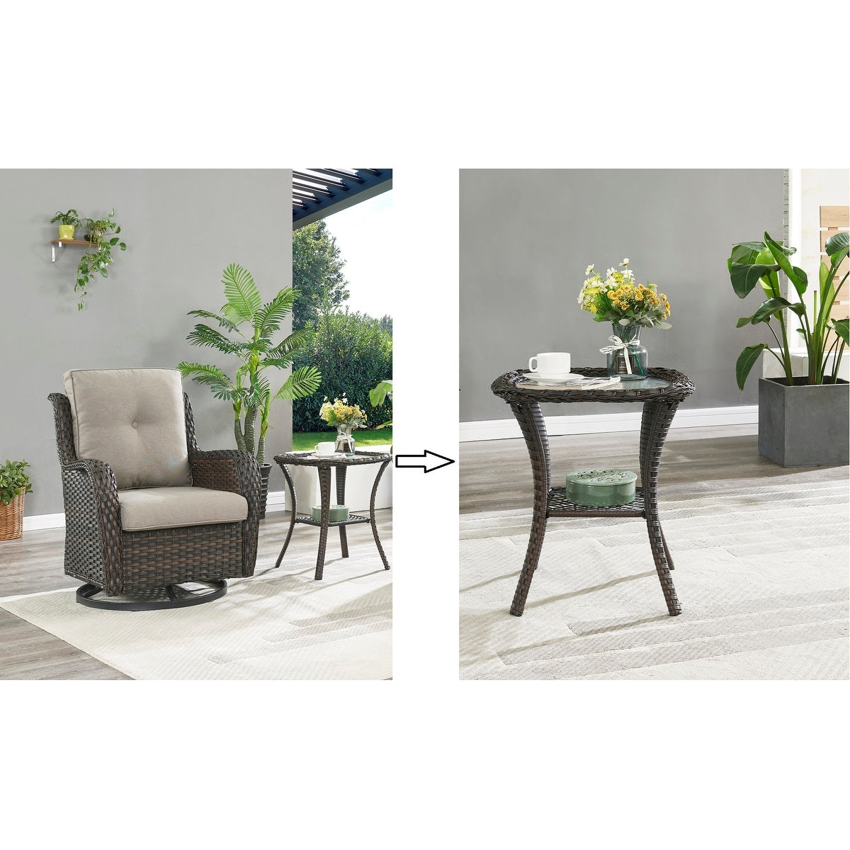 Gymojoy Sedia a dondolo girevole in vimini da esterno, 3 pezzi, con cuscino e tavolo