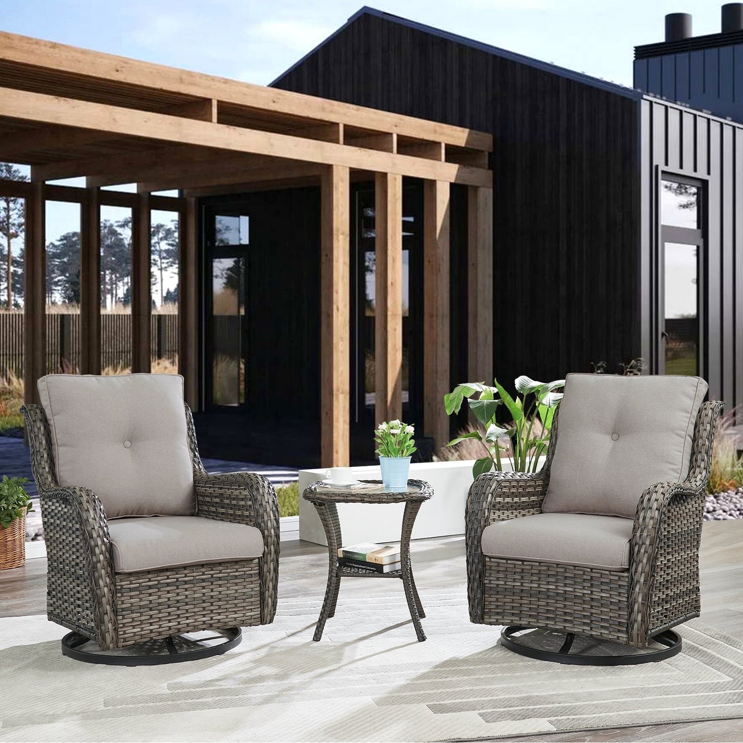 Gymojoy Sedia a dondolo girevole in vimini da esterno, 3 pezzi, con cuscino e tavolo