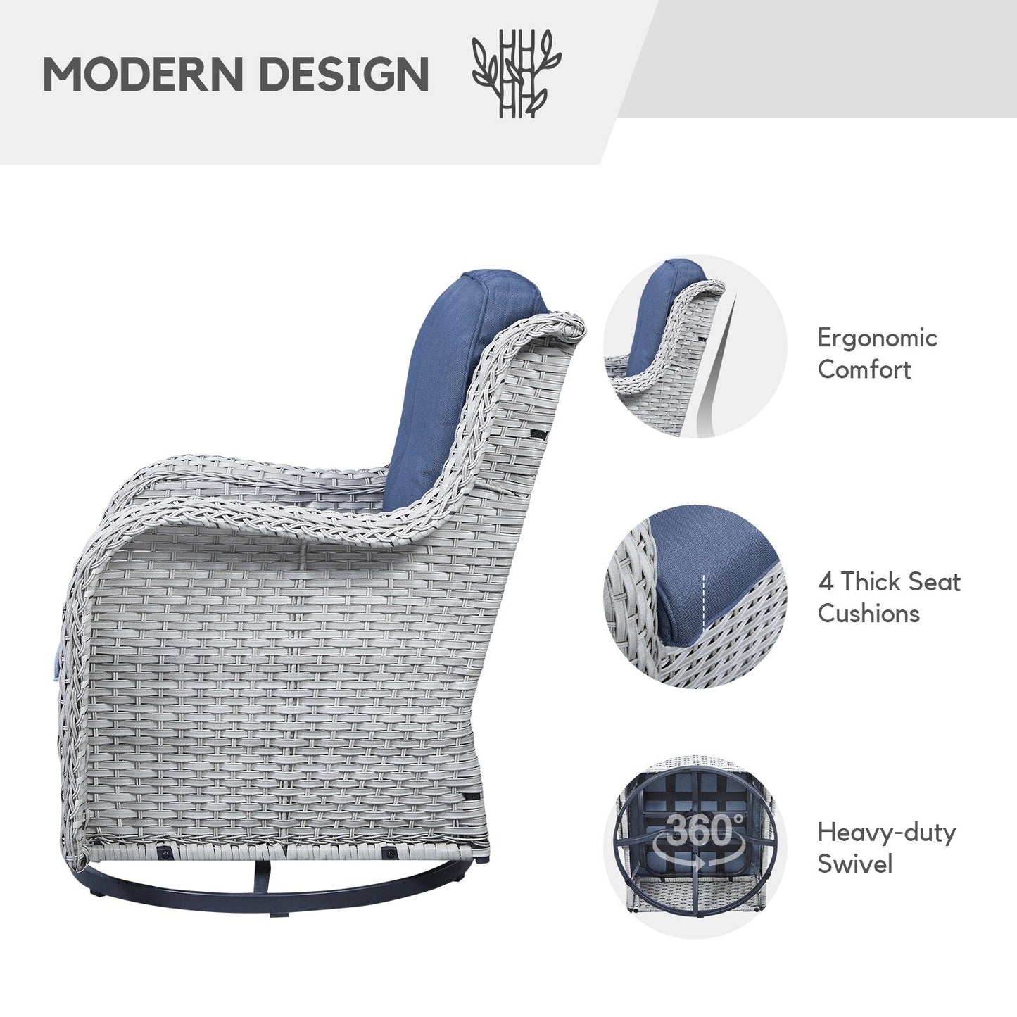 Gymojoy Sedia a dondolo girevole in vimini da esterno, 3 pezzi, con cuscino e tavolo