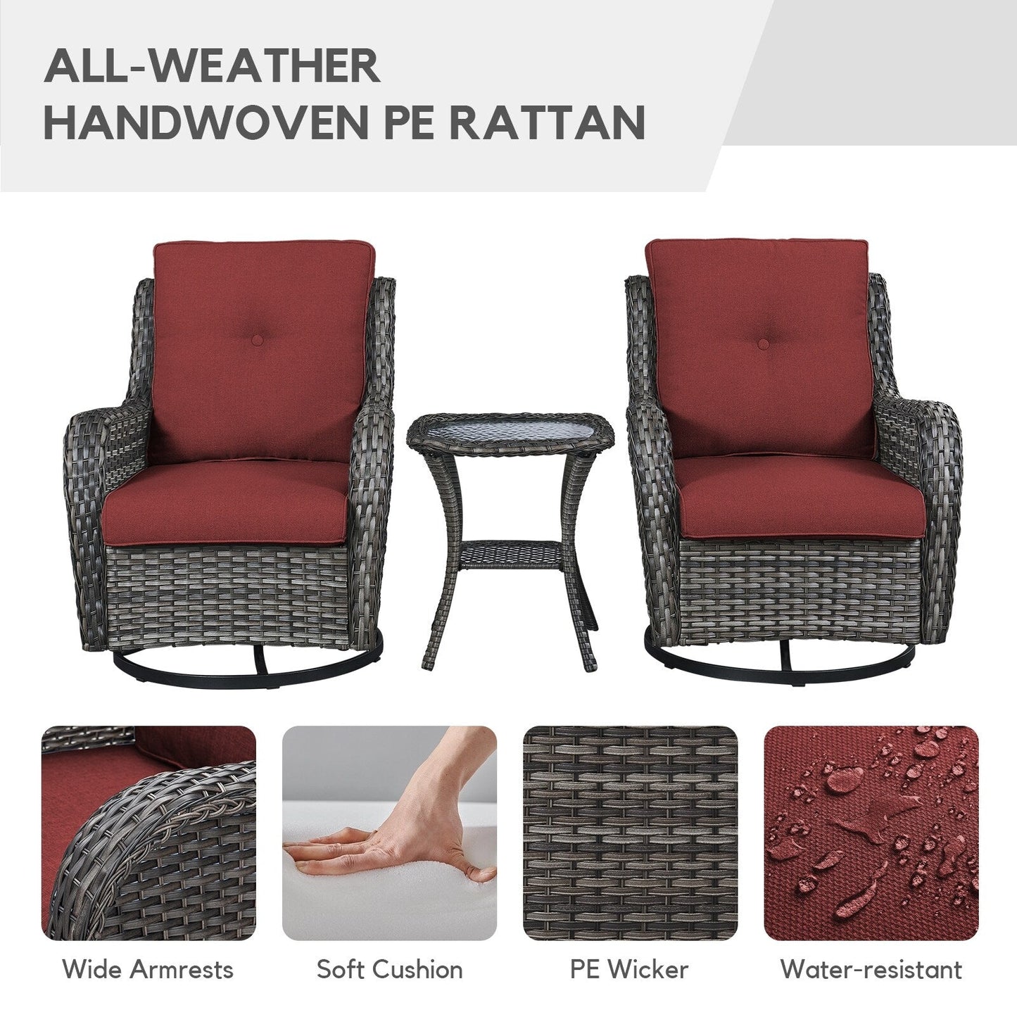 Gymojoy Sedia a dondolo girevole in vimini da esterno, 3 pezzi, con cuscino e tavolo