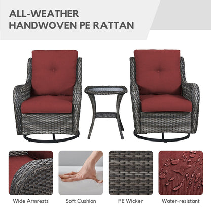 Gymojoy Sedia a dondolo girevole in vimini da esterno, 3 pezzi, con cuscino e tavolo