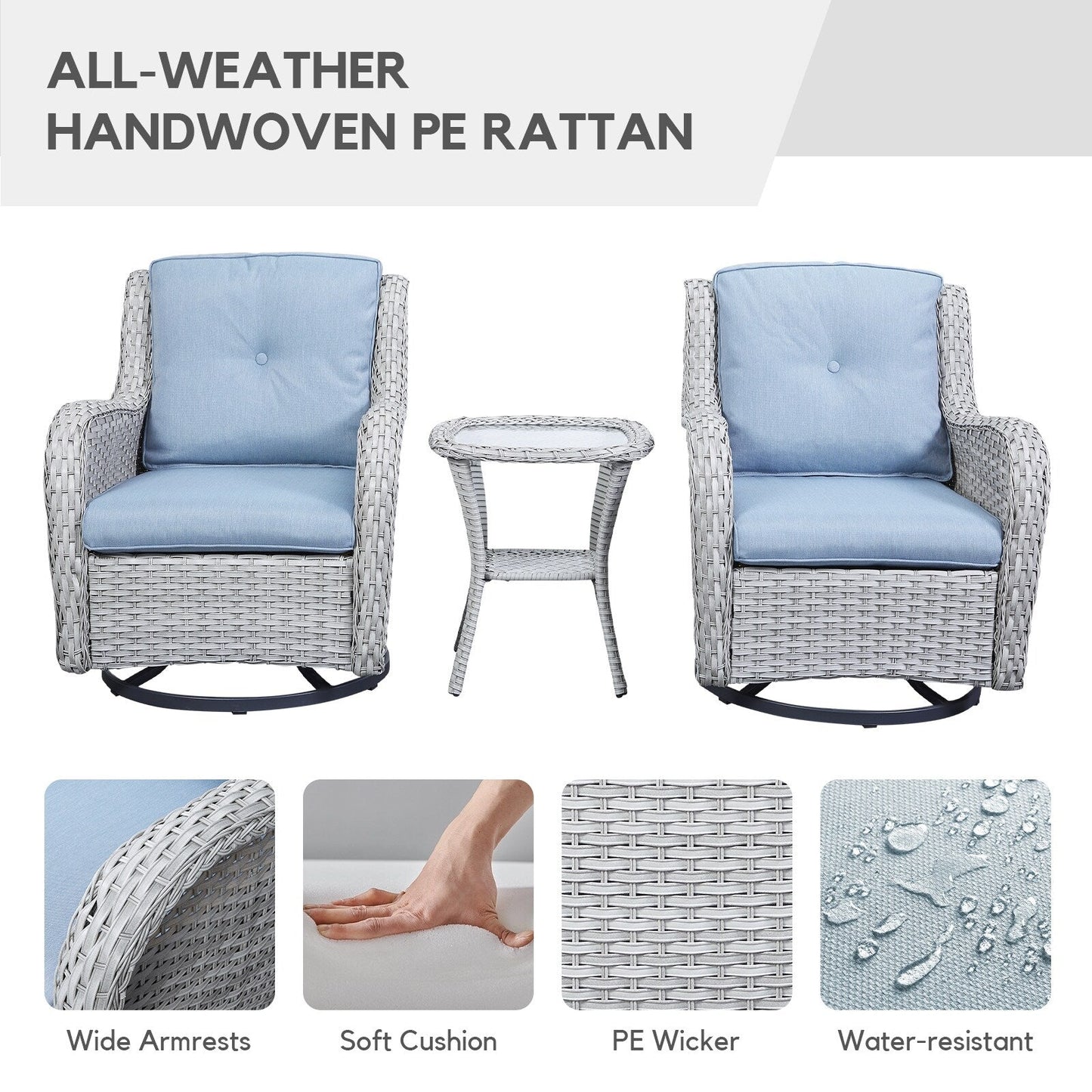 Gymojoy Sedia a dondolo girevole in vimini da esterno, 3 pezzi, con cuscino e tavolo