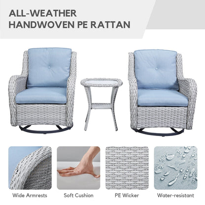 Gymojoy Sedia a dondolo girevole in vimini da esterno, 3 pezzi, con cuscino e tavolo