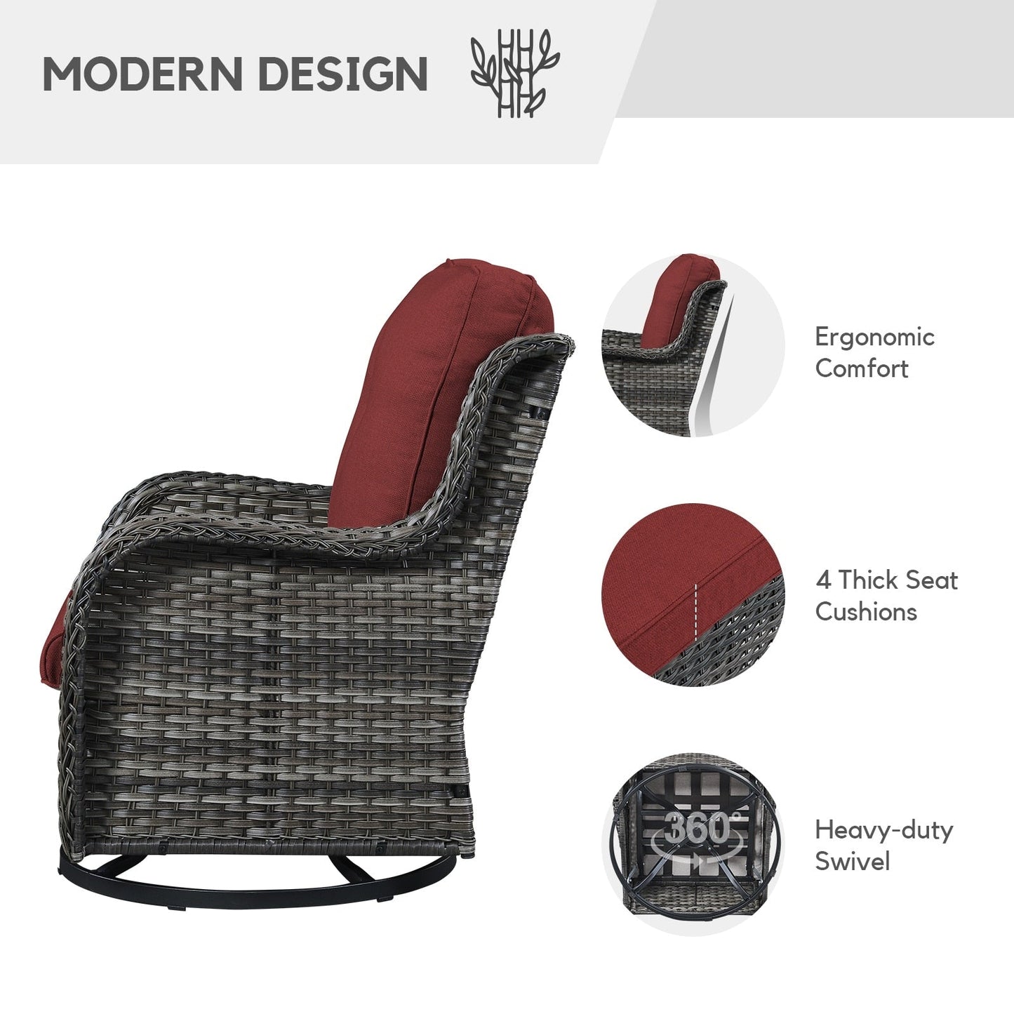 Gymojoy Sedia a dondolo girevole in vimini da esterno, 3 pezzi, con cuscino e tavolo