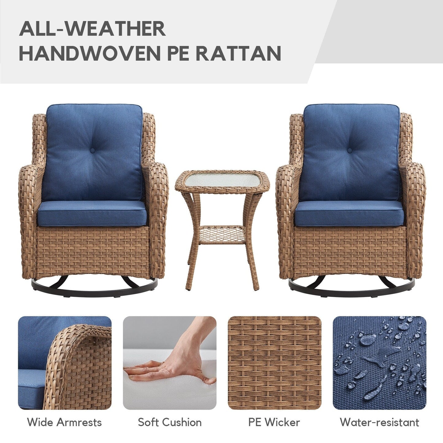 Gymojoy Sedia a dondolo girevole in vimini da esterno, 3 pezzi, con cuscino e tavolo