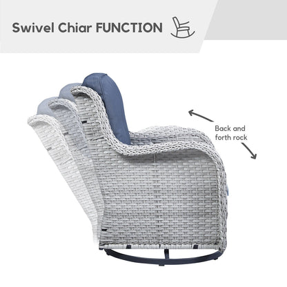 Gymojoy Sedia a dondolo girevole in vimini da esterno, 3 pezzi, con cuscino e tavolo