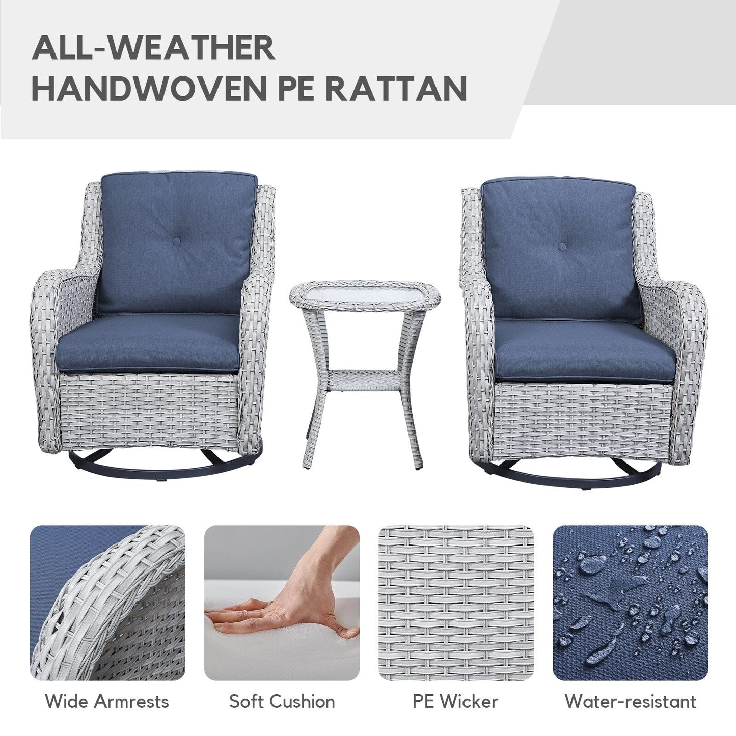 Gymojoy Sedia a dondolo girevole in vimini da esterno, 3 pezzi, con cuscino e tavolo