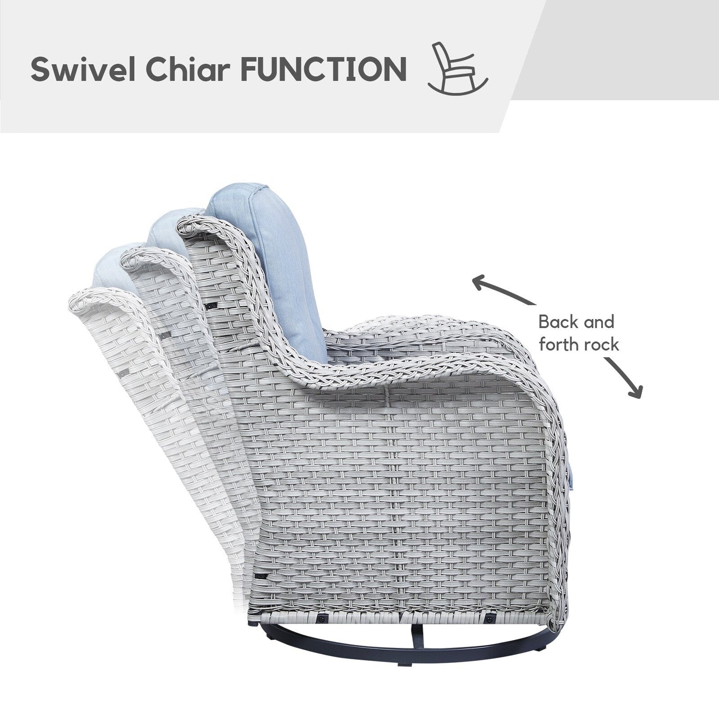 Gymojoy Sedia a dondolo girevole in vimini da esterno, 3 pezzi, con cuscino e tavolo