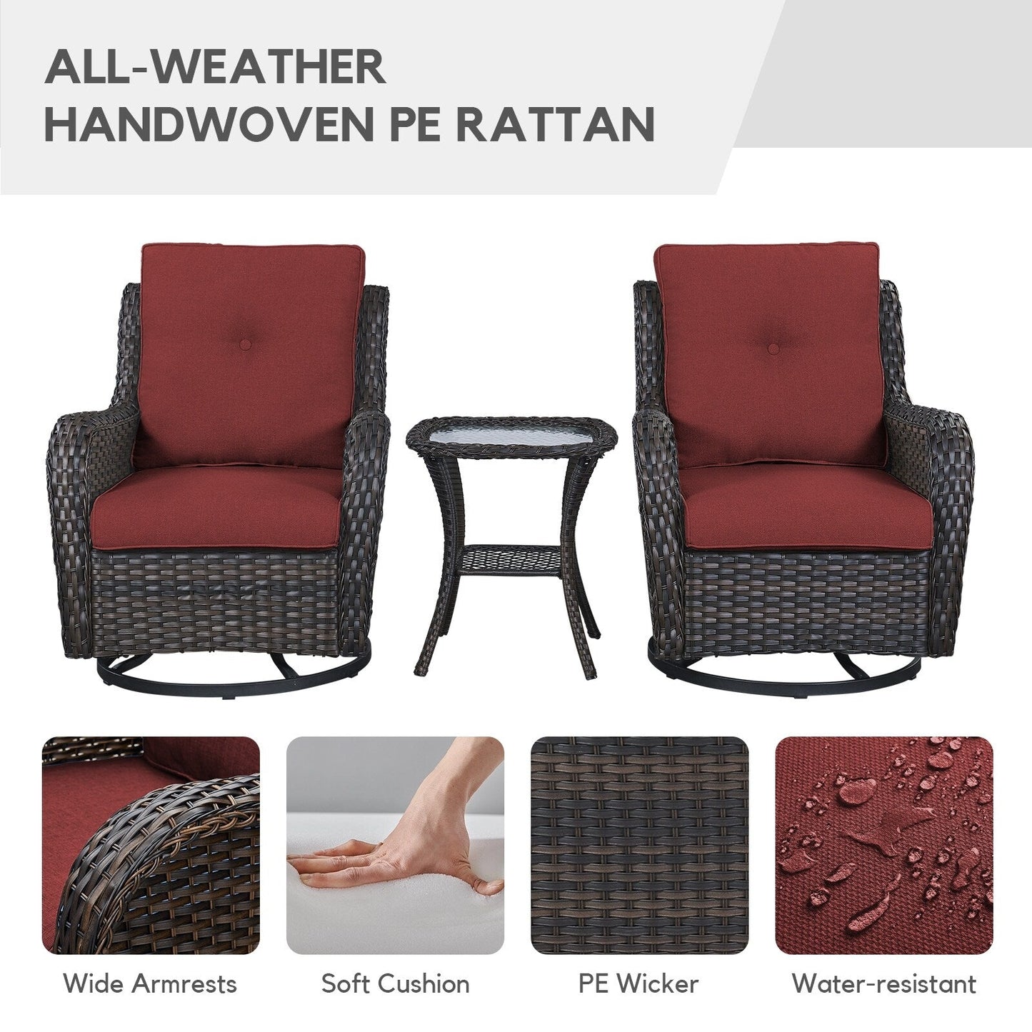 Gymojoy Sedia a dondolo girevole in vimini da esterno, 3 pezzi, con cuscino e tavolo