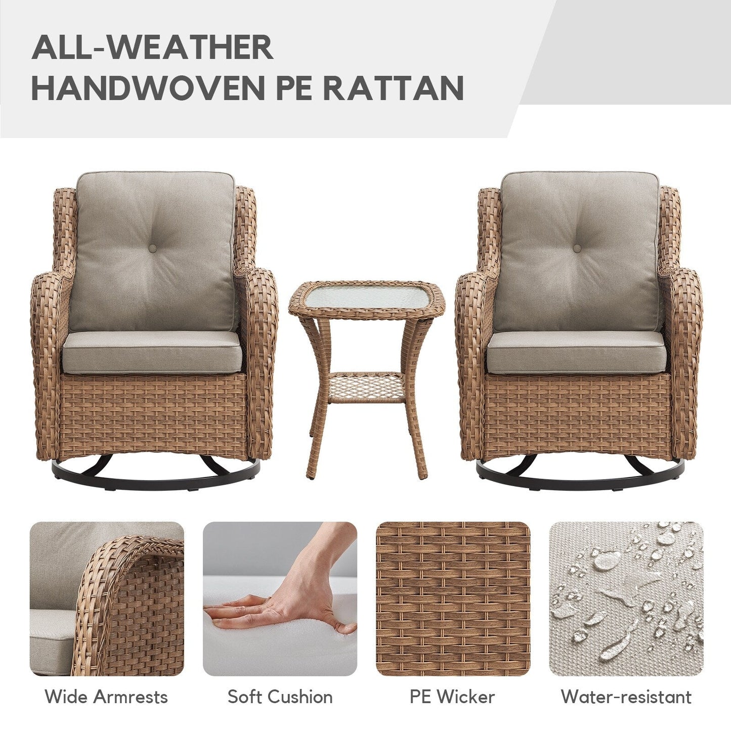 Gymojoy Sedia a dondolo girevole in vimini da esterno, 3 pezzi, con cuscino e tavolo