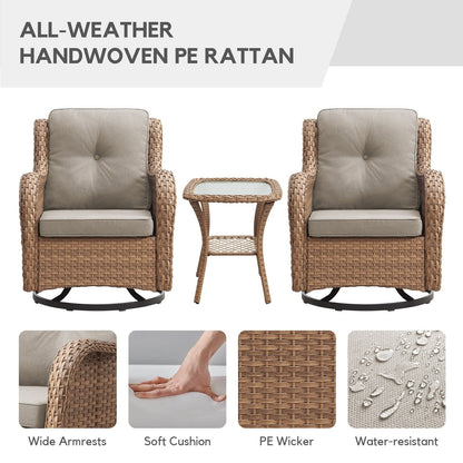 Gymojoy Sedia a dondolo girevole in vimini da esterno, 3 pezzi, con cuscino e tavolo