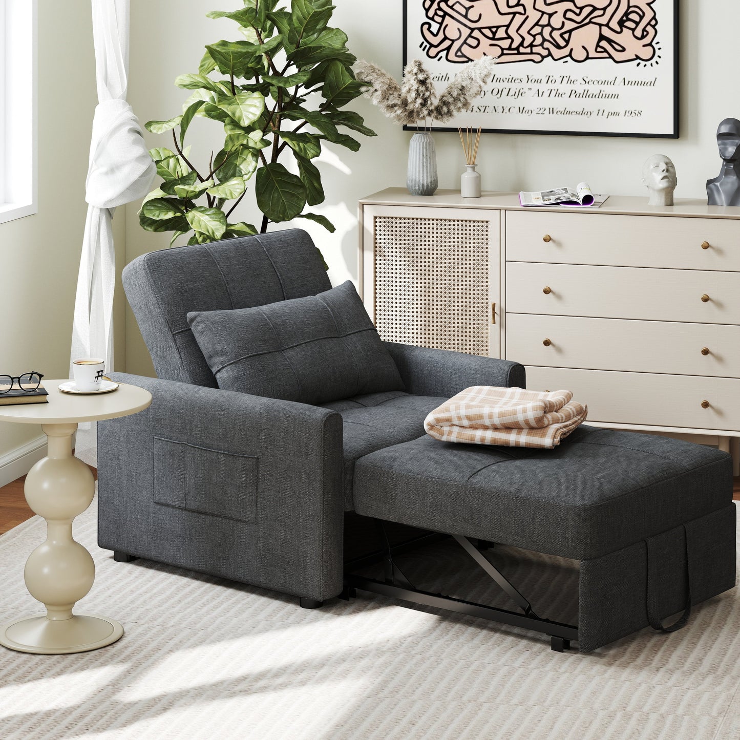 Divano letto regolabile 3 in 1, divano con poltrona estraibile, letto pieghevole convertibile per soggiorno