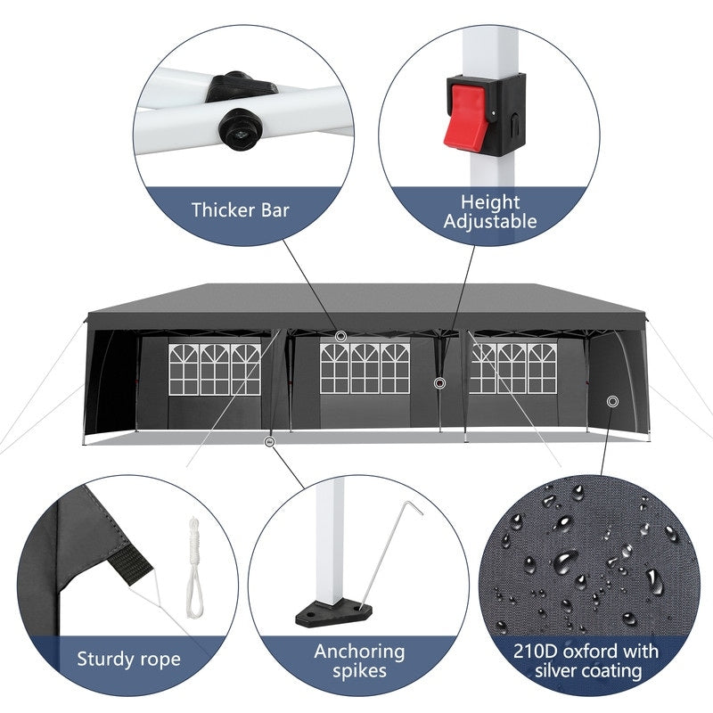 Gazebo pieghevole in tessuto Oxford da 30x10 piedi con 8 sacchi di sabbia e 8 pareti laterali con baldacchino per rimorchiatore - 30x10x8,8 piedi (larghezza x altezza x profondità)