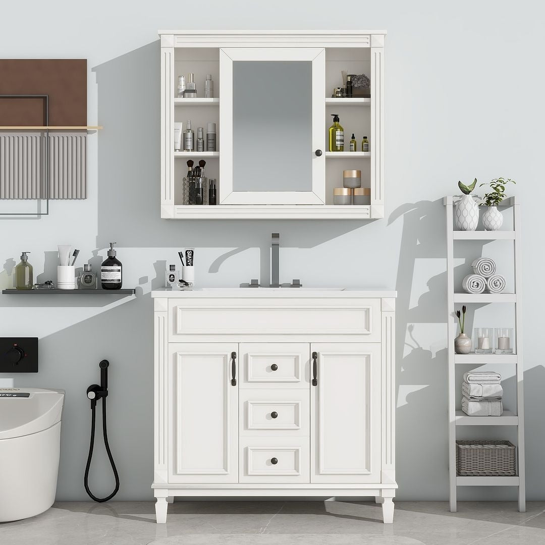 Mobile bagno moderno da 36'' con lavabo superiore e mobiletto a specchio, 2 ante e 2 cassetti