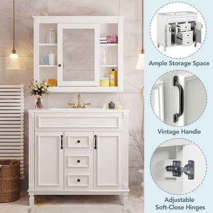 Mobile bagno moderno da 36'' con lavabo superiore e mobiletto a specchio, 2 ante e 2 cassetti