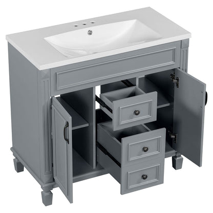 Mobile bagno moderno da 36'' con lavabo superiore e mobiletto a specchio, 2 ante e 2 cassetti