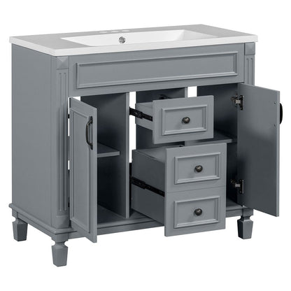 Mobile bagno moderno da 36'' con lavabo superiore e mobiletto a specchio, 2 ante e 2 cassetti