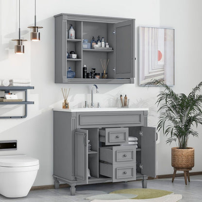 Mobile bagno moderno da 36'' con lavabo superiore e mobiletto a specchio, 2 ante e 2 cassetti