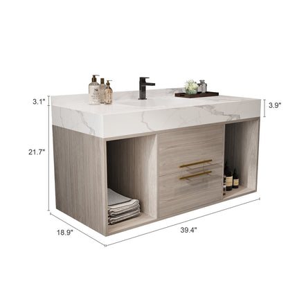 Mobile bagno sospeso da 39,4'' con lavabo in ceramica, mobile sospeso a parete, 2 cassetti con chiusura ammortizzata e piano in ardesia bianca - 39'4 x 18'9
