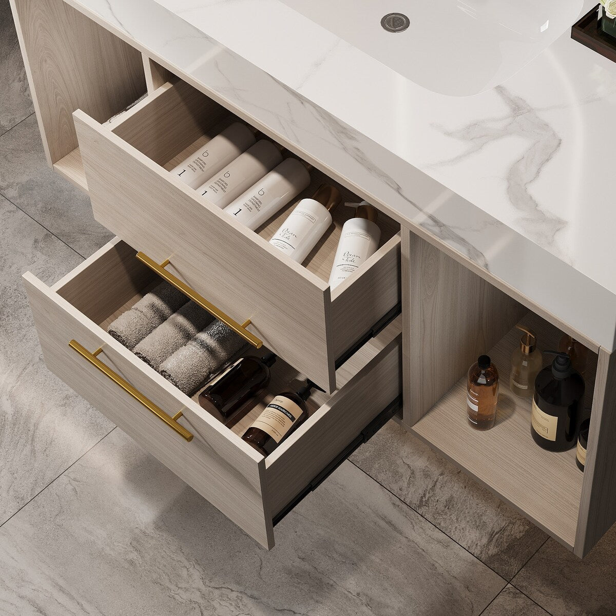 Mobile bagno sospeso da 39,4'' con lavabo in ceramica, mobile sospeso a parete, 2 cassetti con chiusura ammortizzata e piano in ardesia bianca - 39'4 x 18'9