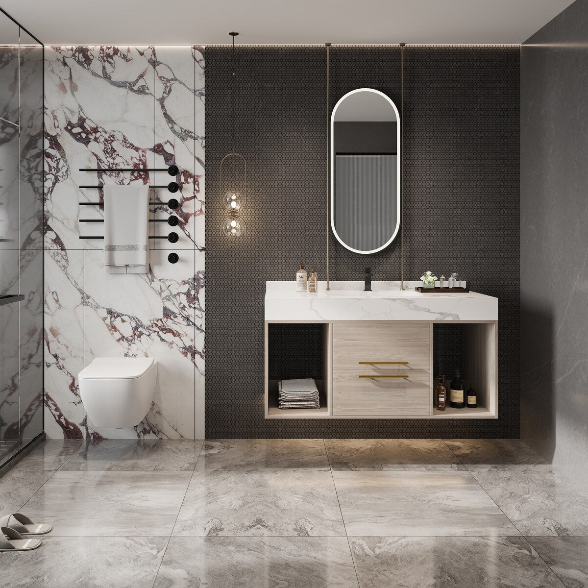 Mobile bagno sospeso da 39,4'' con lavabo in ceramica, mobile sospeso a parete, 2 cassetti con chiusura ammortizzata e piano in ardesia bianca - 39'4 x 18'9