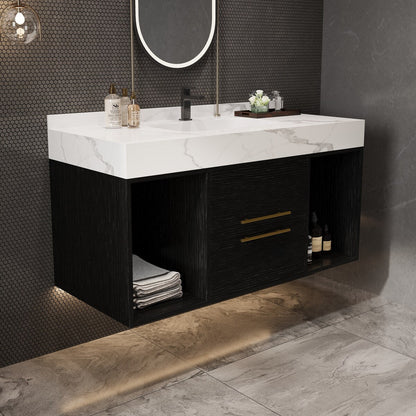 Mobile bagno sospeso da 39,4'' con lavabo in ceramica, mobile sospeso a parete, 2 cassetti con chiusura ammortizzata e piano in ardesia bianca - 39'4 x 18'9