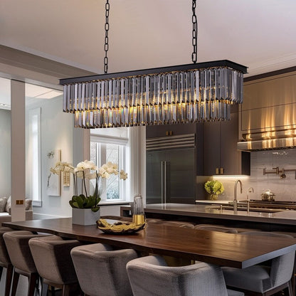 Lampadario moderno contemporaneo in cristallo grigio fumé e nero da 47 pollici, a 2 livelli, con isola da cucina lineare, per sala da pranzo