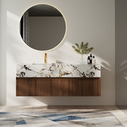 Mobile bagno singolo moderno da 48'', con piano in finto marmo lucido, legno massello