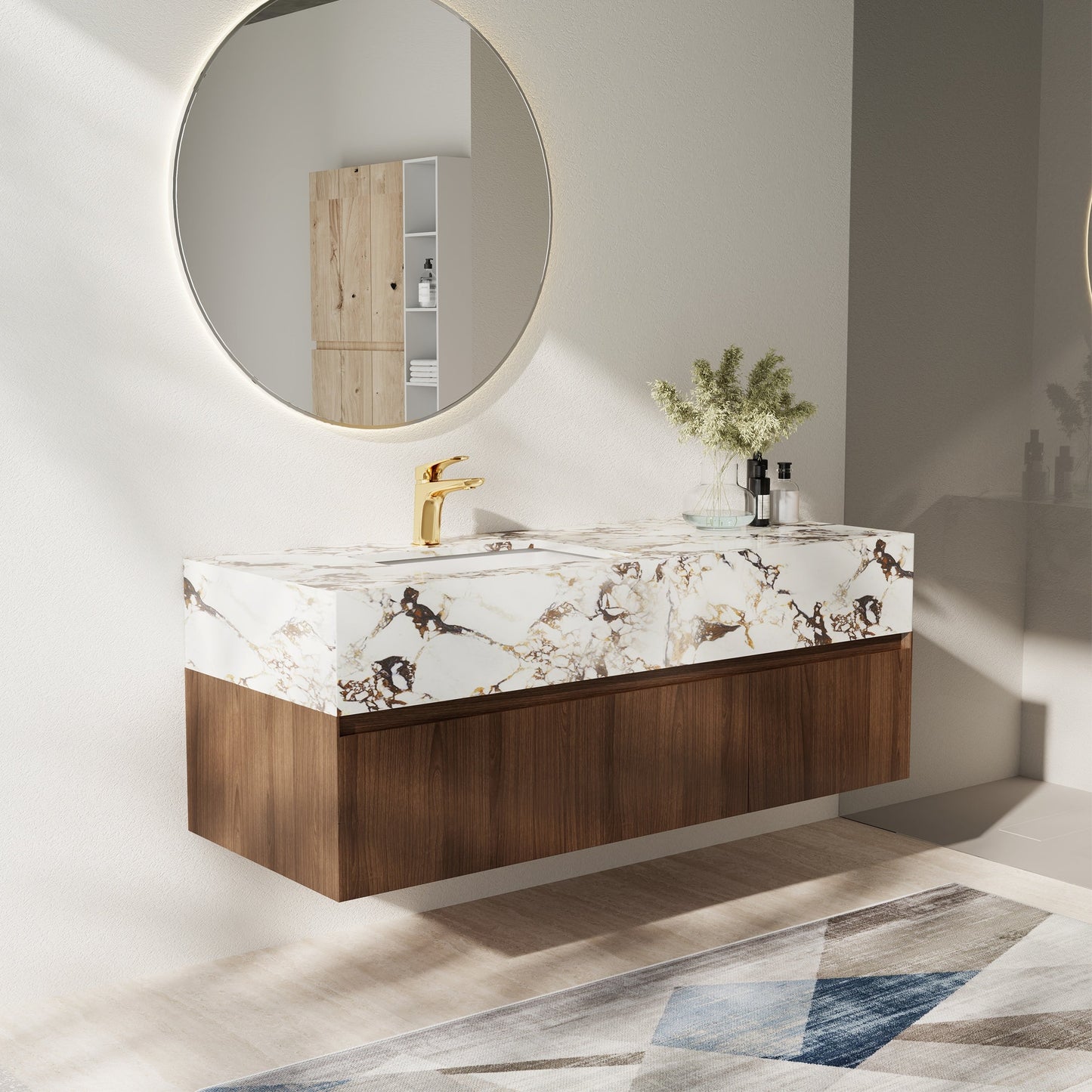 Mobile bagno singolo moderno da 48'', con piano in finto marmo lucido, legno massello