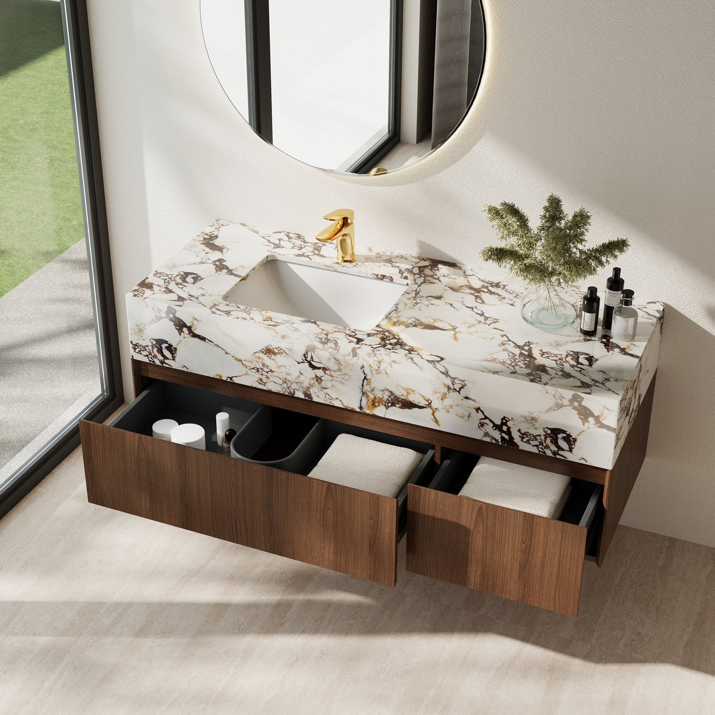 Mobile bagno singolo moderno da 48'', con piano in finto marmo lucido, legno massello