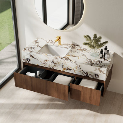 Mobile bagno singolo moderno da 48'', con piano in finto marmo lucido, legno massello