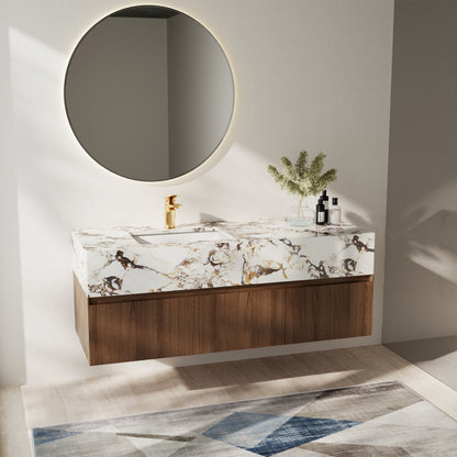 Mobile bagno singolo moderno da 48'', con piano in finto marmo lucido, legno massello