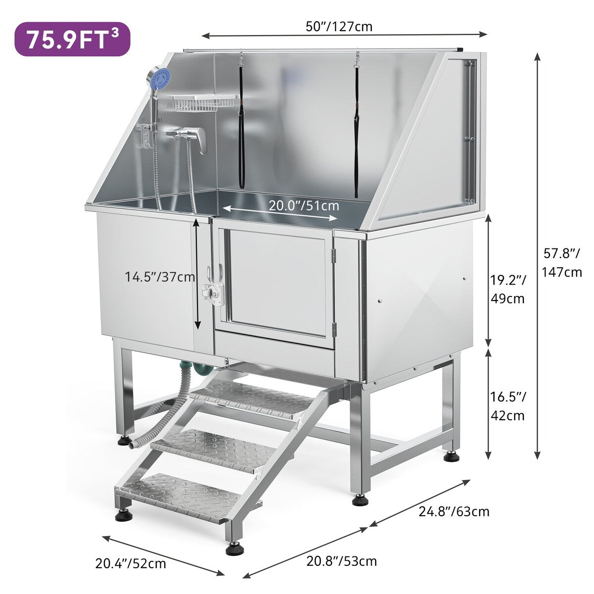 Vasca per toelettatura regolabile in acciaio inossidabile da 50'' con rampa a gradini