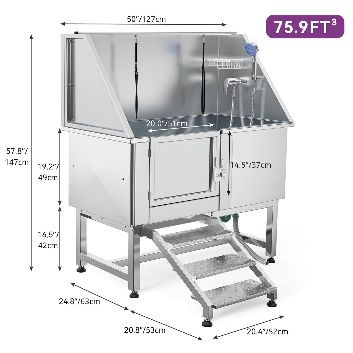 Vasca per toelettatura regolabile in acciaio inossidabile da 50'' con rampa a gradini