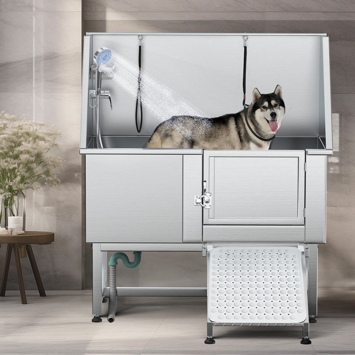 Vasca per toelettatura regolabile in acciaio inossidabile da 50'' con rampa a gradini