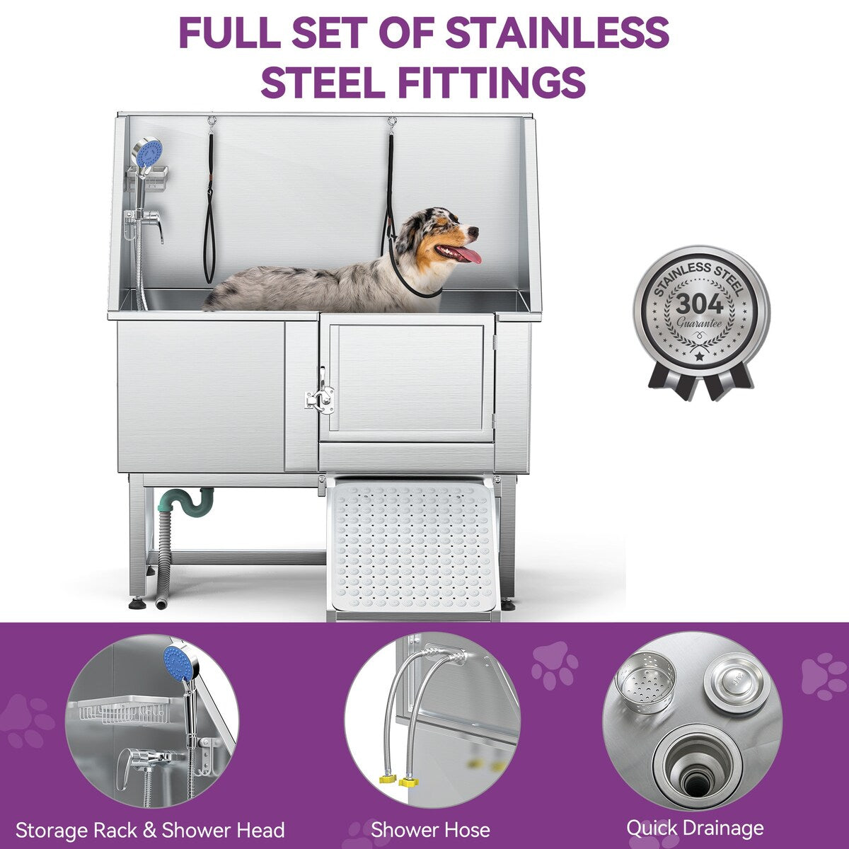 Vasca per toelettatura regolabile in acciaio inossidabile da 50'' con rampa a gradini