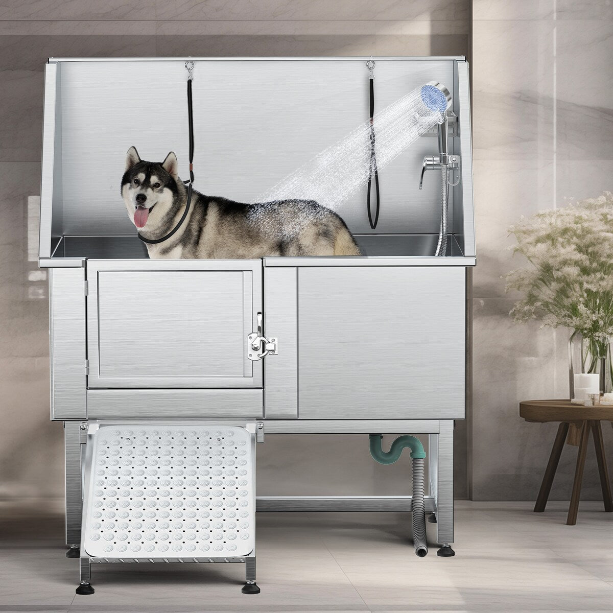 Vasca per toelettatura regolabile in acciaio inossidabile da 50'' con rampa a gradini