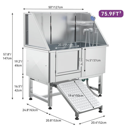 Vasca per toelettatura regolabile in acciaio inossidabile da 50'' con rampa a gradini