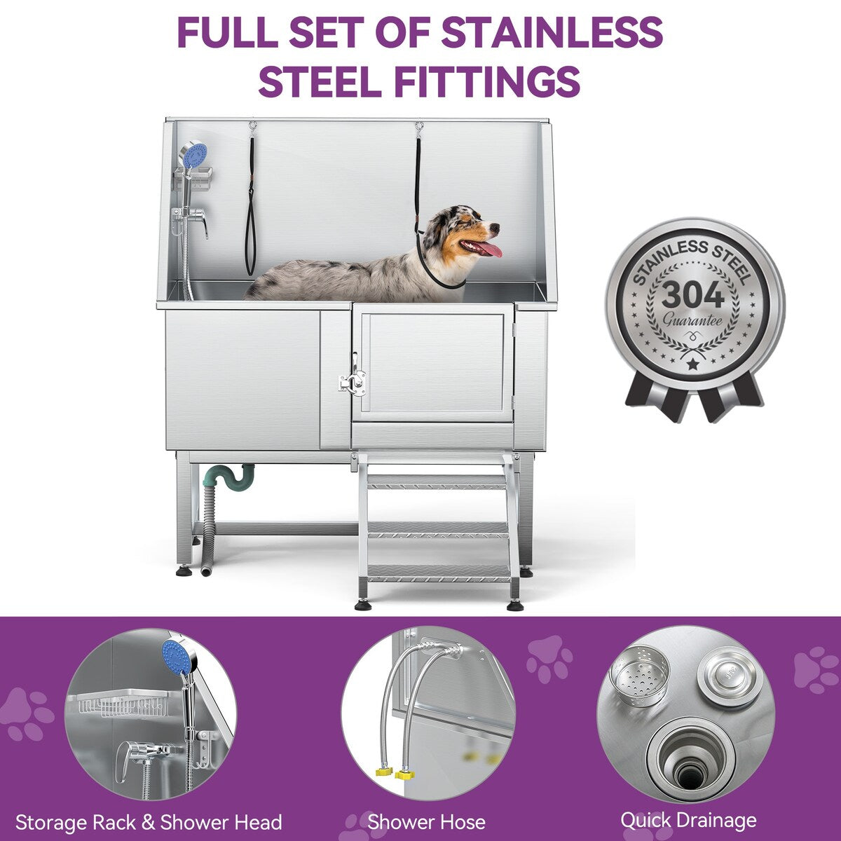 Vasca per toelettatura regolabile in acciaio inossidabile da 50'' con rampa a gradini