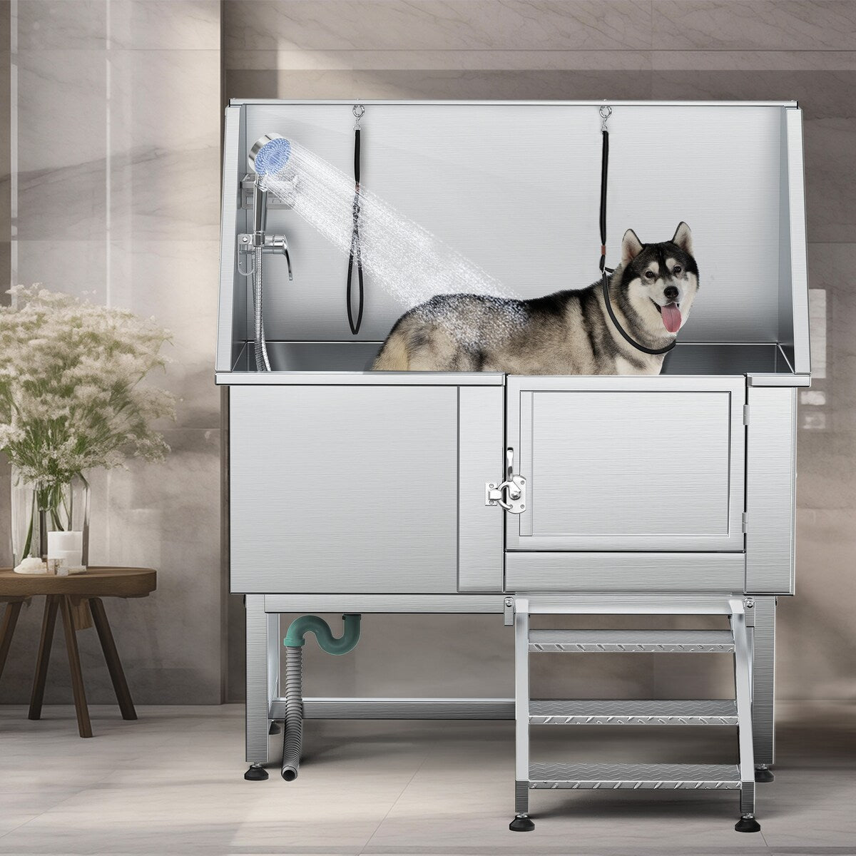 Vasca per toelettatura regolabile in acciaio inossidabile da 50'' con rampa a gradini